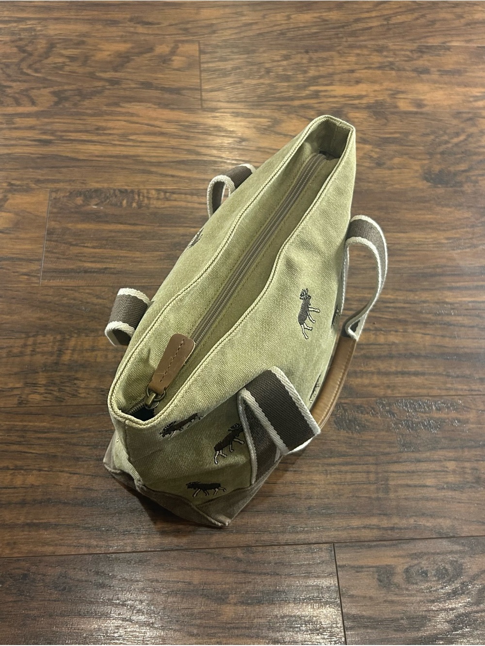 VINTAGE L.L.Bean Canvas Boat & Tote Moose Tan Brown Leather Trim Small Purse Bag - Picture 6 of 14